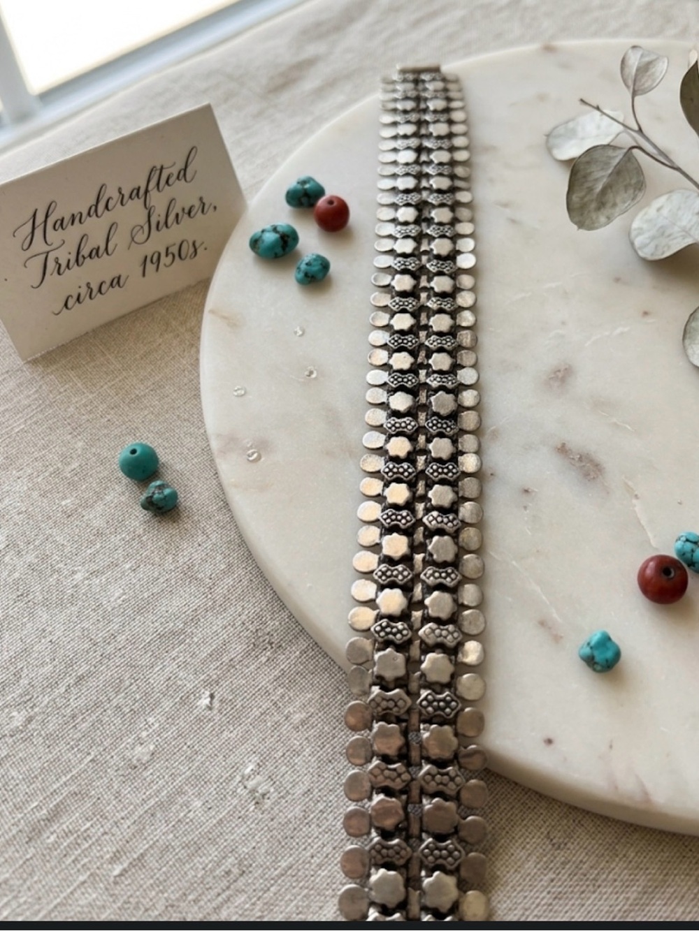 Heavy Vintage Indian Sterling Silver Tribal Panel Mesh Bracelet: 925